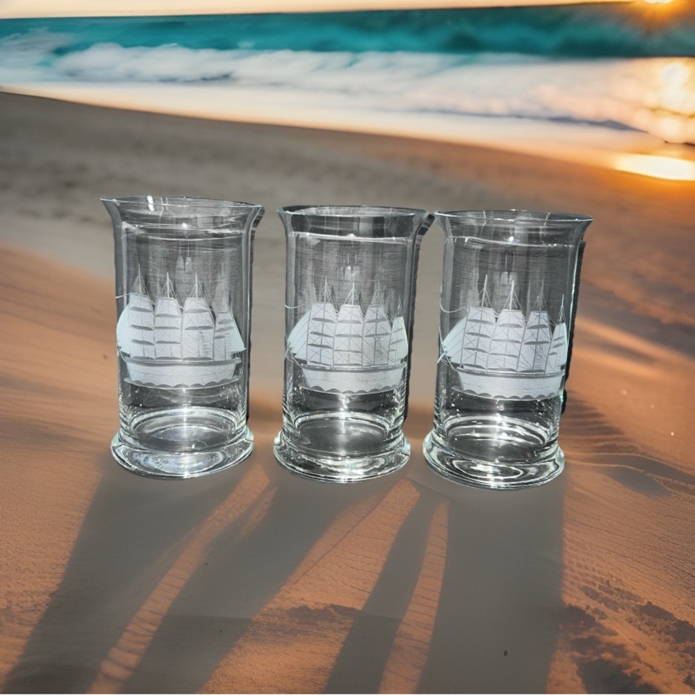 3 TOSCANY Tumblers Etched CLIPPER SHIP CRYSTAL Clear Glass Cocktail Highball Set